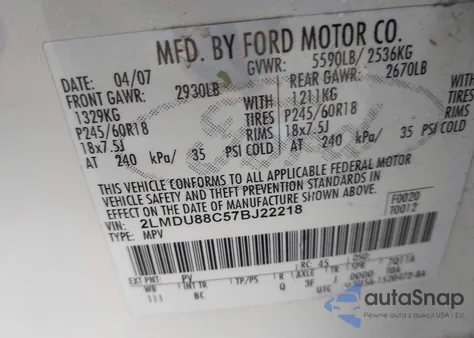 2007 Lincoln Mkx from USA, damaged, VIN 2LMDU88C57BJ22218